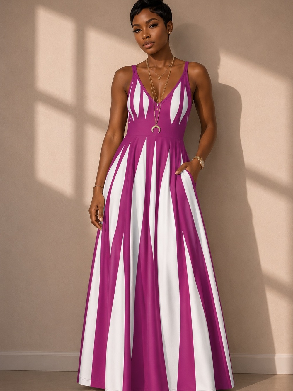 Sleeveless V-Neck Fuchsia & White Stripe Maxi Dress